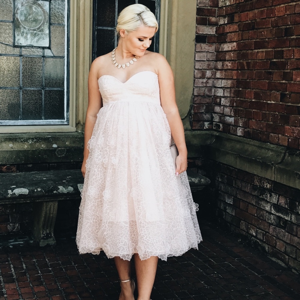 Strapless tea length dress embellished maternity
